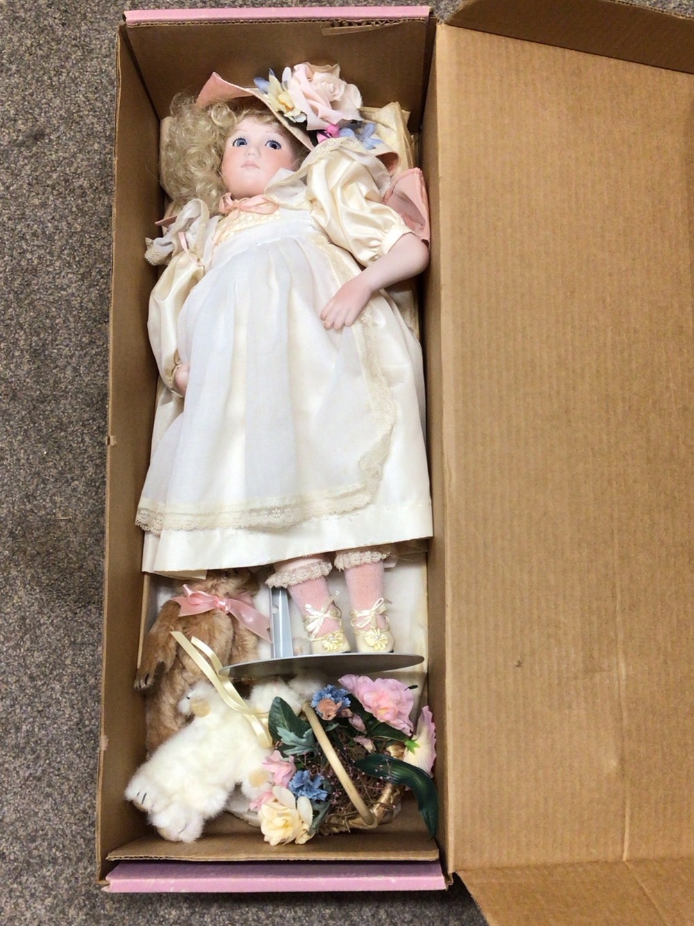 Porcelain Collector Doll in Cream Dress with Floral Hat